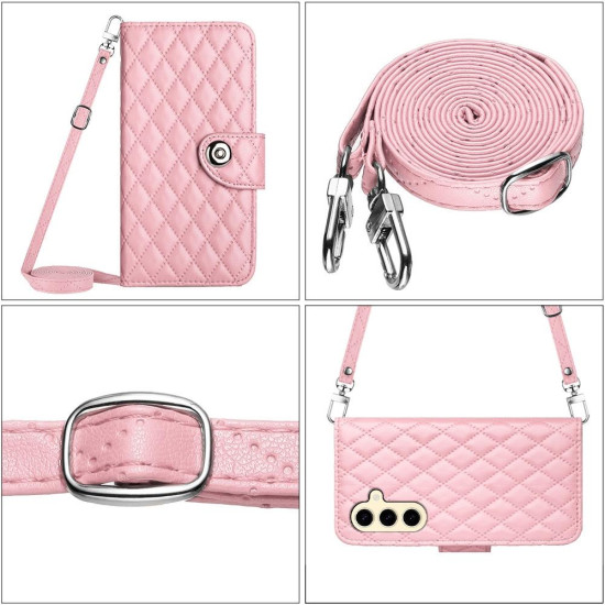 For Samsung Galaxy S24+ 5G Rhombic Texture Flip Leather Phone Case with Long Lanyard(Pink)