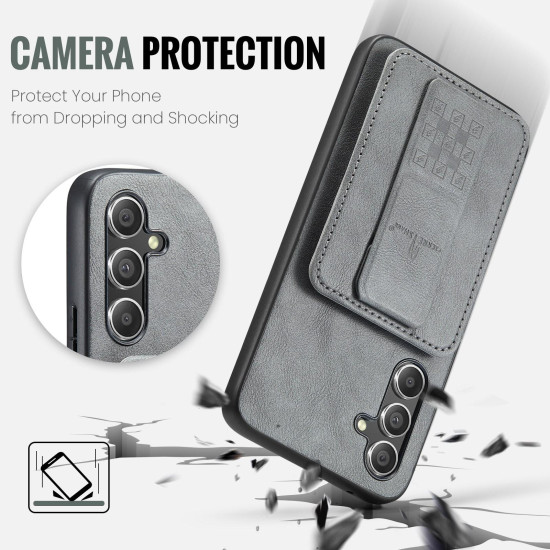 For Samsung Galaxy S24+ 5G Fierre Shann Oil Wax Cow Leather Card Holder Back Phone Case(Grey)