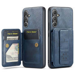 For Samsung Galaxy S24+ 5G Fierre Shann Oil Wax Cow Leather Card Holder Back Phone Case(Blue)