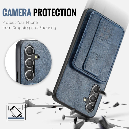 For Samsung Galaxy S24+ 5G Fierre Shann Oil Wax Cow Leather Card Holder Back Phone Case(Blue)