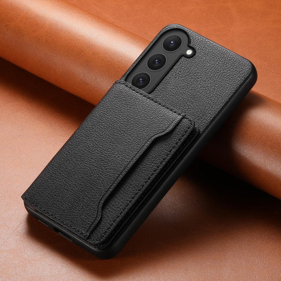 For Samsung Galaxy S23 5G Calf Texture Card Bag Design Full Coverage Phone Case(Black)