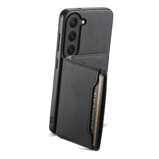 For Samsung Galaxy S23 5G Calf Texture Card Bag Design Full Coverage Phone Case(Black)
