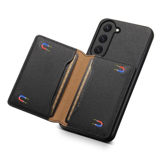 For Samsung Galaxy S23 5G Calf Texture Card Bag Design Full Coverage Phone Case(Black)