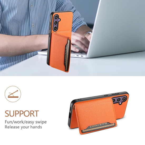 For Samsung Galaxy S24+ 5G Calf Texture Card Bag Design Full Coverage Phone Case(Orange)