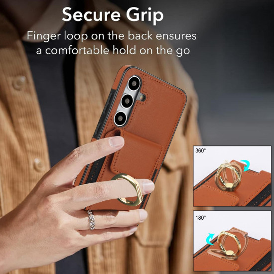 For Samsung Galaxy S24+ 5G Elastic Card Bag Ring Holder Phone Case(Brown)