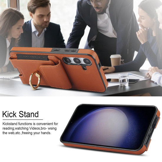 For Samsung Galaxy S24+ 5G Elastic Card Bag Ring Holder Phone Case(Brown)