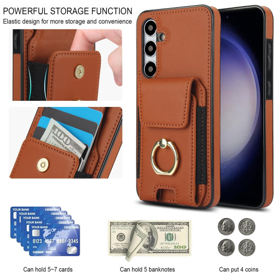 For Samsung Galaxy S24+ 5G Elastic Card Bag Ring Holder Phone Case(Brown)