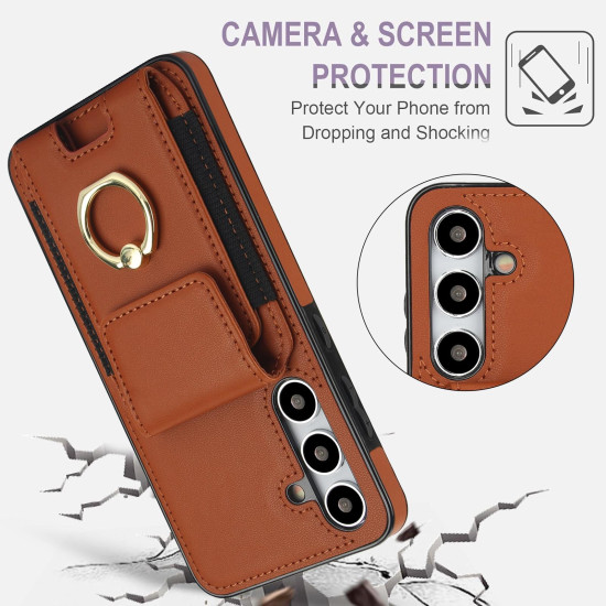 For Samsung Galaxy S24+ 5G Elastic Card Bag Ring Holder Phone Case(Brown)