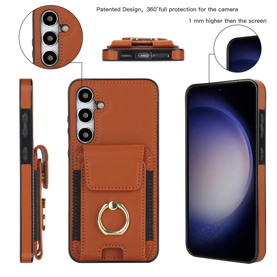 For Samsung Galaxy S24+ 5G Elastic Card Bag Ring Holder Phone Case(Brown)