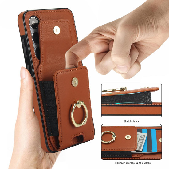 For Samsung Galaxy S24+ 5G Elastic Card Bag Ring Holder Phone Case(Brown)