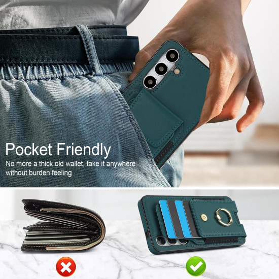 For Samsung Galaxy S24+ 5G Elastic Card Bag Ring Holder Phone Case(Dark Green)