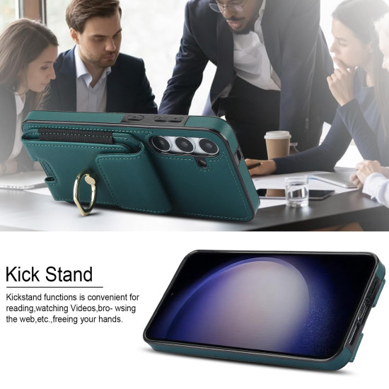 For Samsung Galaxy S24+ 5G Elastic Card Bag Ring Holder Phone Case(Dark Green)