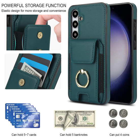 For Samsung Galaxy S24+ 5G Elastic Card Bag Ring Holder Phone Case(Dark Green)