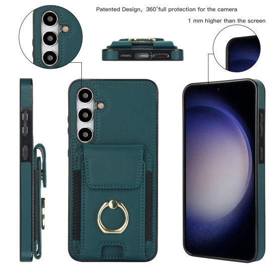 For Samsung Galaxy S24+ 5G Elastic Card Bag Ring Holder Phone Case(Dark Green)