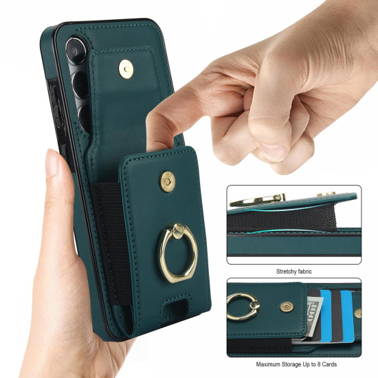 For Samsung Galaxy S24+ 5G Elastic Card Bag Ring Holder Phone Case(Dark Green)