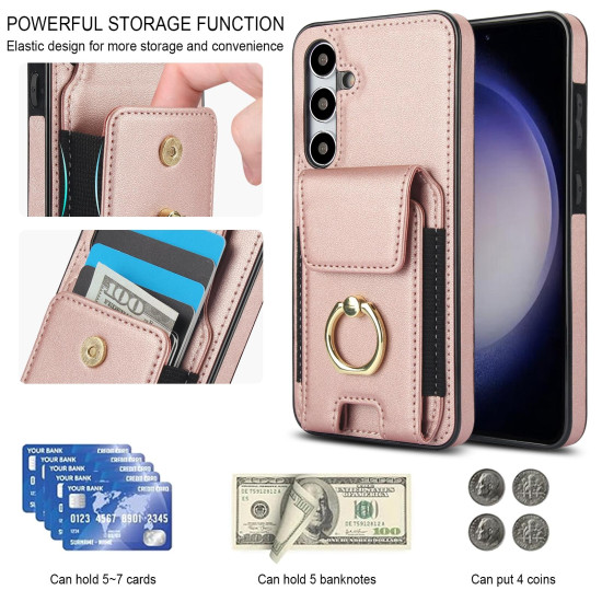 For Samsung Galaxy S24+ 5G Elastic Card Bag Ring Holder Phone Case(Rose Gold)