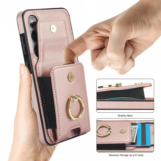 For Samsung Galaxy S24+ 5G Elastic Card Bag Ring Holder Phone Case(Rose Gold)