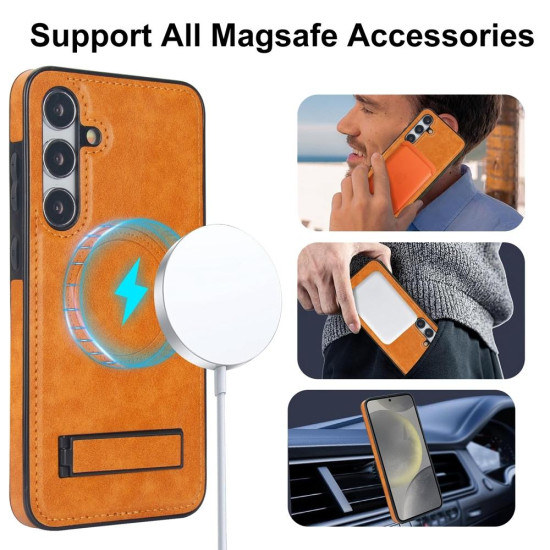 For Samsung Galaxy S24+ 5G Retro Leather Invisible Stand MagSafe Phone Case(Yellow)