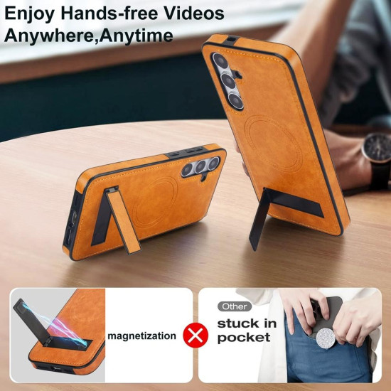 For Samsung Galaxy S24+ 5G Retro Leather Invisible Stand MagSafe Phone Case(Yellow)