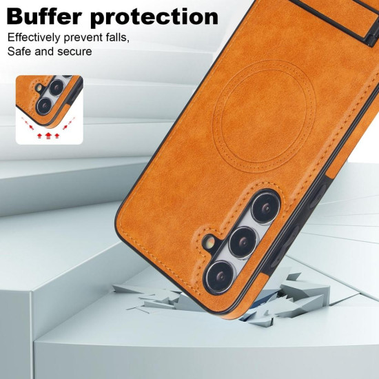 For Samsung Galaxy S24+ 5G Retro Leather Invisible Stand MagSafe Phone Case(Yellow)