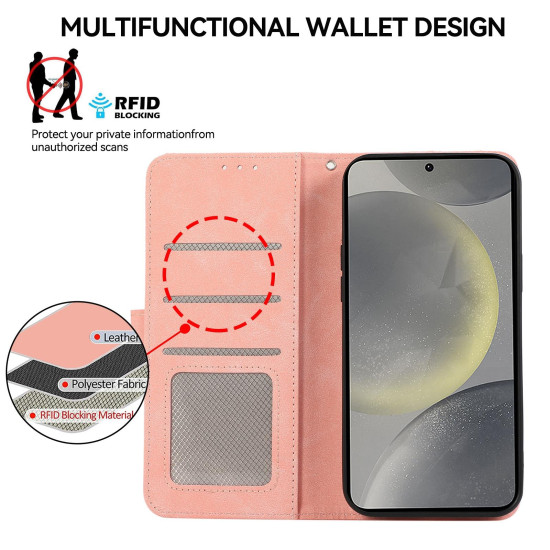 For Samsung Galaxy S24+ 5G ABEEL Color Block Magnetic RFID Leather Phone Case(Pink-Cyan)