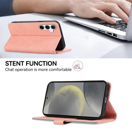 For Samsung Galaxy S24+ 5G ABEEL Color Block Magnetic RFID Leather Phone Case(Pink-Cyan)