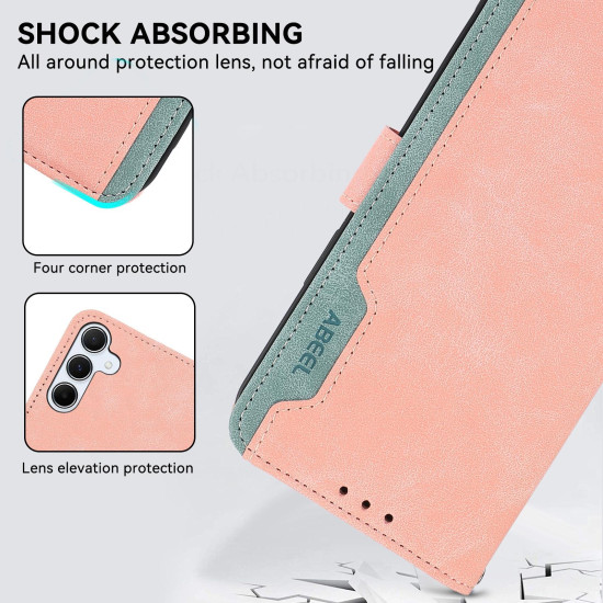 For Samsung Galaxy S24+ 5G ABEEL Color Block Magnetic RFID Leather Phone Case(Pink-Cyan)