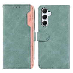 For Samsung Galaxy S24+ 5G ABEEL Color Block Magnetic RFID Leather Phone Case(Cyan-Pink)