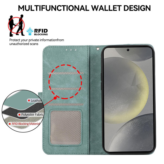 For Samsung Galaxy S24+ 5G ABEEL Color Block Magnetic RFID Leather Phone Case(Cyan-Pink)