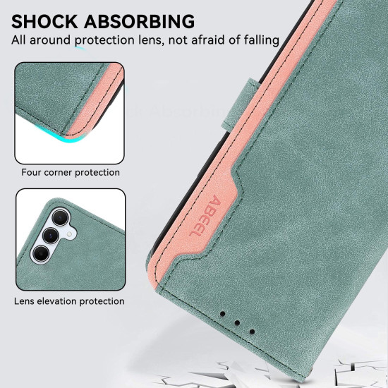 For Samsung Galaxy S24+ 5G ABEEL Color Block Magnetic RFID Leather Phone Case(Cyan-Pink)