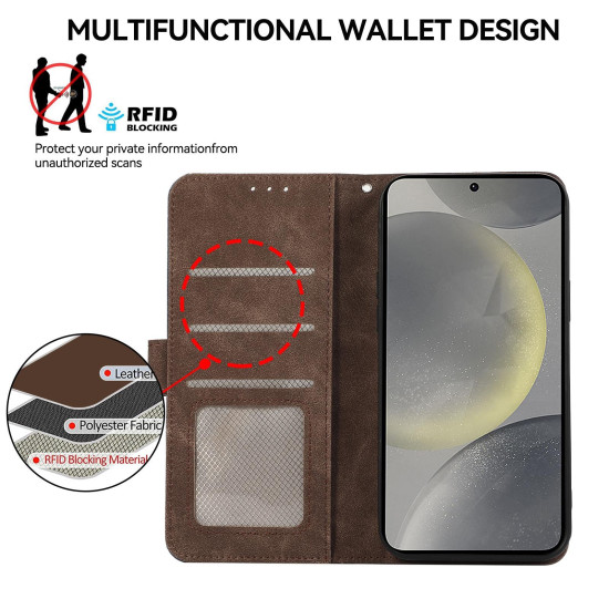 For Samsung Galaxy S24+ 5G ABEEL Color Block Magnetic RFID Leather Phone Case(Brown-Blue)