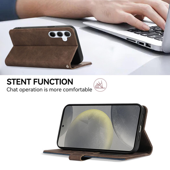 For Samsung Galaxy S24+ 5G ABEEL Color Block Magnetic RFID Leather Phone Case(Brown-Blue)