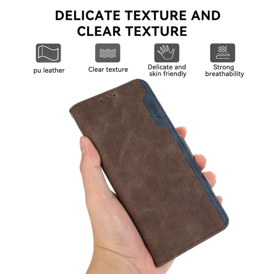 For Samsung Galaxy S24+ 5G ABEEL Color Block Magnetic RFID Leather Phone Case(Brown-Blue)