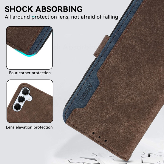 For Samsung Galaxy S24+ 5G ABEEL Color Block Magnetic RFID Leather Phone Case(Brown-Blue)