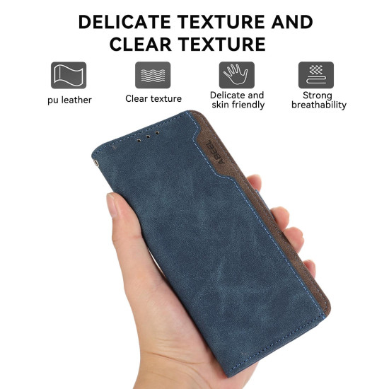 For Samsung Galaxy S23 5G ABEEL Color Block Magnetic RFID Leather Phone Case(Blue-Brown)