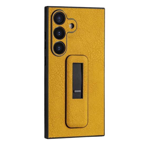 For Samsung Galaxy S24+ 5G PU Leather Push-pull Bracket Shockproof Phone Case(Yellow)