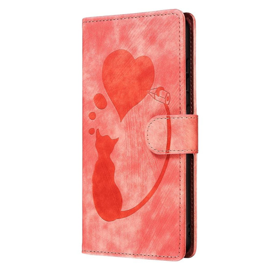 For Samsung Galaxy S24+ 5G Pen Heart Cat Embossed Leather Phone Case(Orange)