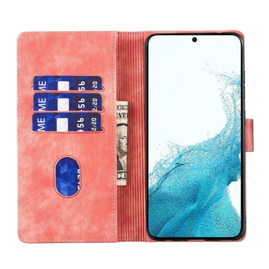 For Samsung Galaxy S24+ 5G Pen Heart Cat Embossed Leather Phone Case(Orange)