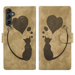 For Samsung Galaxy S24+ 5G Pen Heart Cat Embossed Leather Phone Case(Apricot)