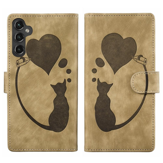 For Samsung Galaxy S24+ 5G Pen Heart Cat Embossed Leather Phone Case(Apricot)
