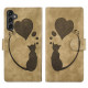 For Samsung Galaxy S24+ 5G Pen Heart Cat Embossed Leather Phone Case(Apricot)