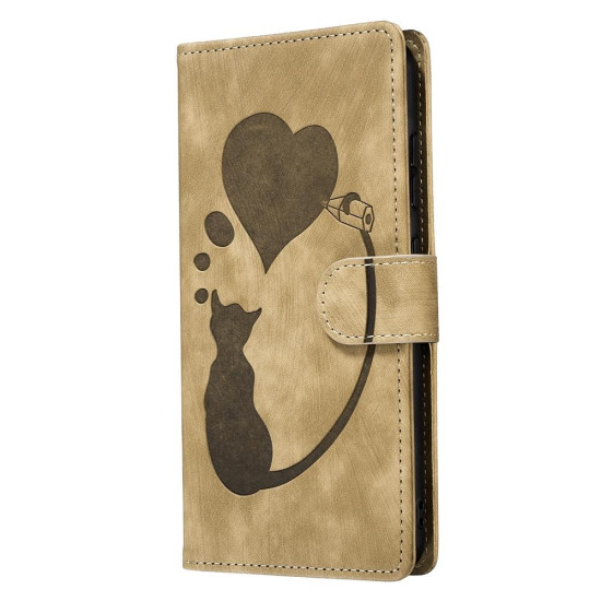 For Samsung Galaxy S24+ 5G Pen Heart Cat Embossed Leather Phone Case(Apricot)