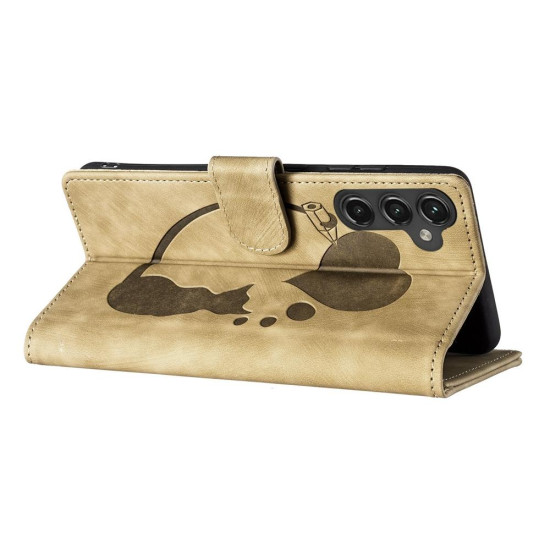 For Samsung Galaxy S24+ 5G Pen Heart Cat Embossed Leather Phone Case(Apricot)