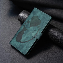 For Samsung Galaxy S24+ 5G Pen Heart Cat Embossed Leather Phone Case(Green)