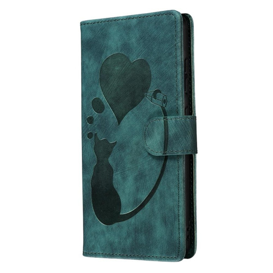 For Samsung Galaxy S24+ 5G Pen Heart Cat Embossed Leather Phone Case(Green)