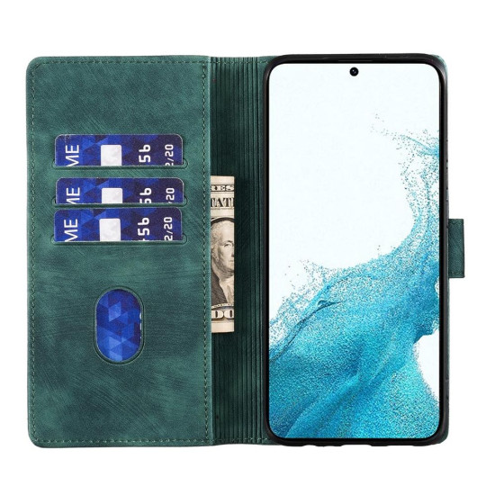 For Samsung Galaxy S24+ 5G Pen Heart Cat Embossed Leather Phone Case(Green)