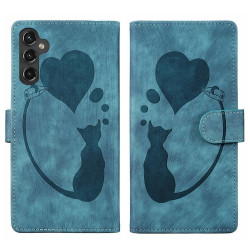 For Samsung Galaxy S24+ 5G Pen Heart Cat Embossed Leather Phone Case(Blue)