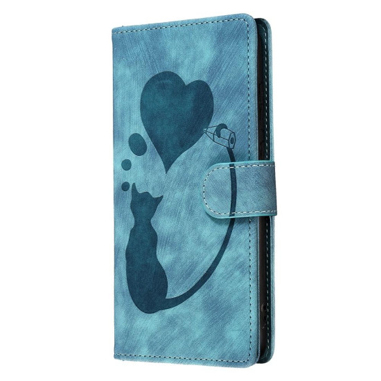 For Samsung Galaxy S24+ 5G Pen Heart Cat Embossed Leather Phone Case(Blue)