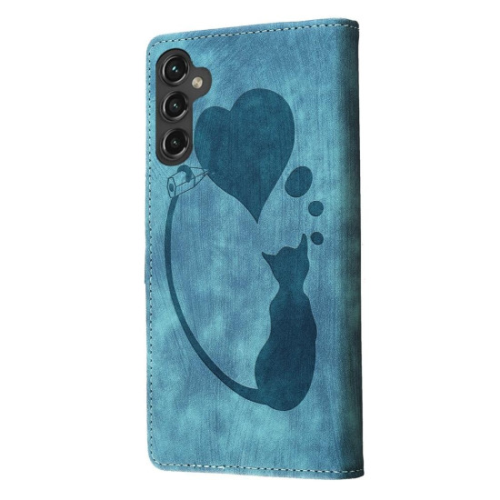 For Samsung Galaxy S24+ 5G Pen Heart Cat Embossed Leather Phone Case(Blue)