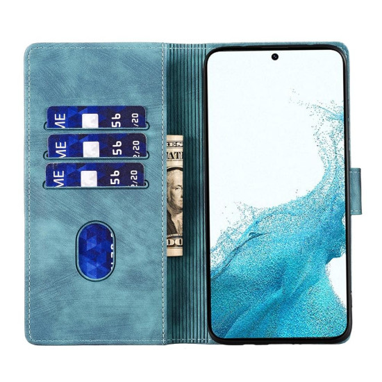 For Samsung Galaxy S24+ 5G Pen Heart Cat Embossed Leather Phone Case(Blue)